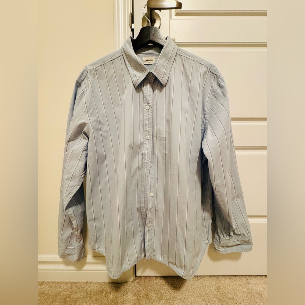 Wilfred Blue Striped Organic Cotton Long Sleeve Button Down Shirt Blouse